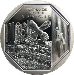 Decimotercera moneda de un nuevo sol, correspondiente a la serie numismática “Riqueza y orgullo del Perú”: templo de Kotosh (Huánuco).