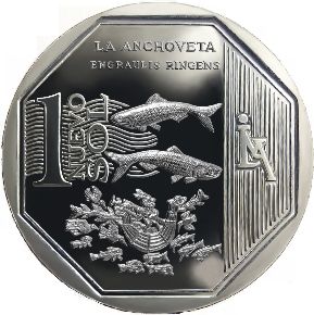 Lima (PERU).- Moneda de nuevo sol denominada Recursos Naturales del Perú, alusiva a la anchoveta, presentada hoy por el BCR.